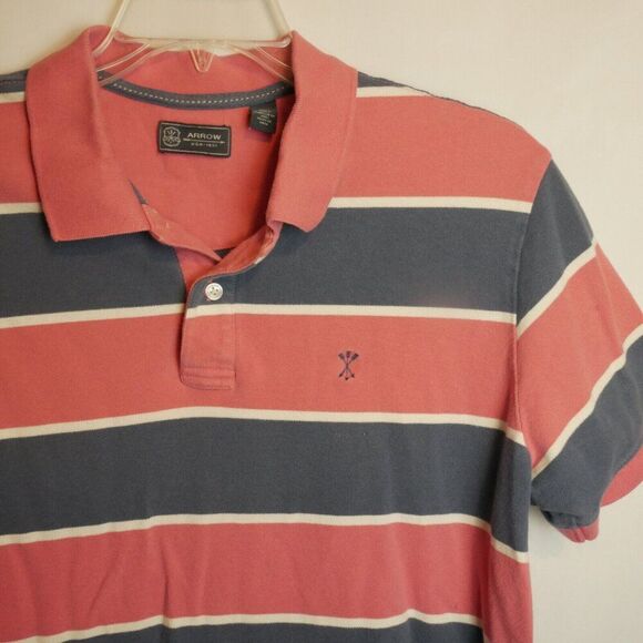 Arrow Men's Size L Allover Wide-Stripe Pique Polo Shirt Desert Rose / Navy - Picture 2 of 11